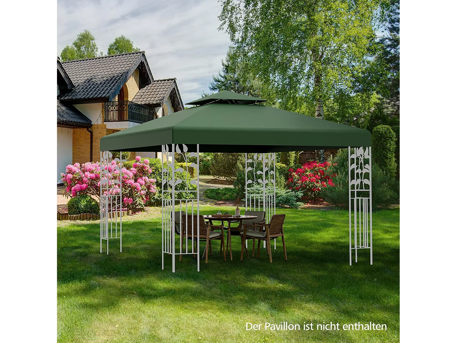 Vervangend dak voor paviljoen, paviljoendak, vervangende hoes met schoorsteendak, afvoergaten en klittenbandsluitingen (groen)ZB32740