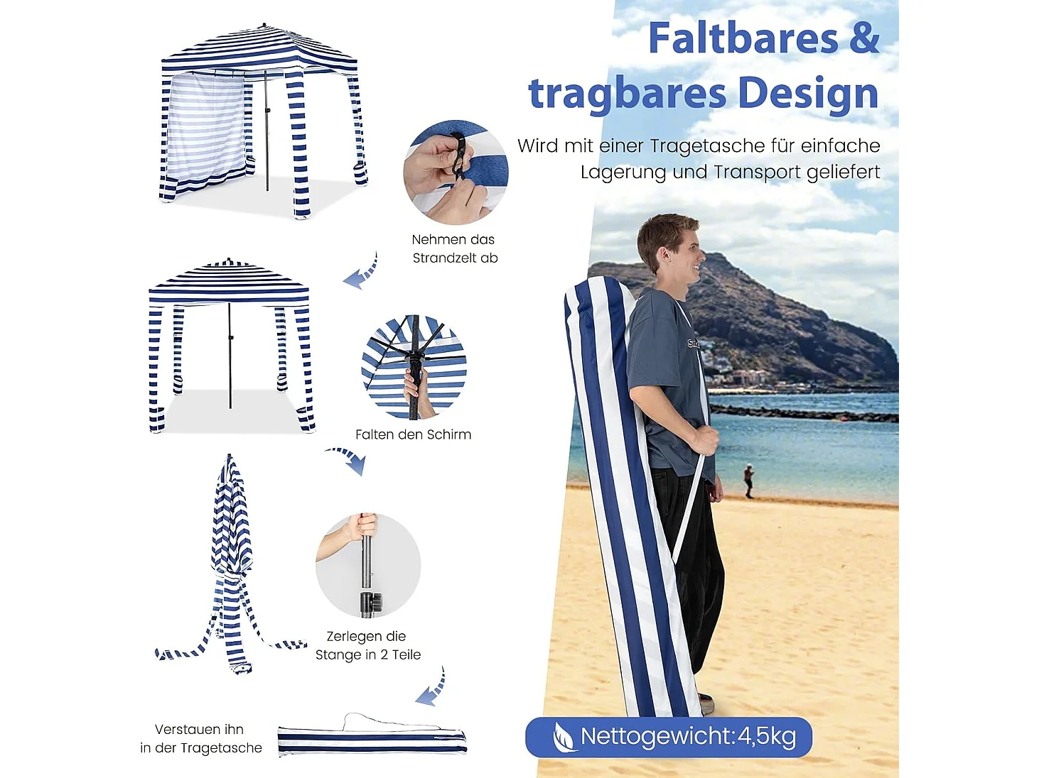 Zonwering met afneembare zijwand, draagbare strandtent met draagtas, outdoor-schaduw voor strand, camping, picknick, 183 x 183 cm ZB33277