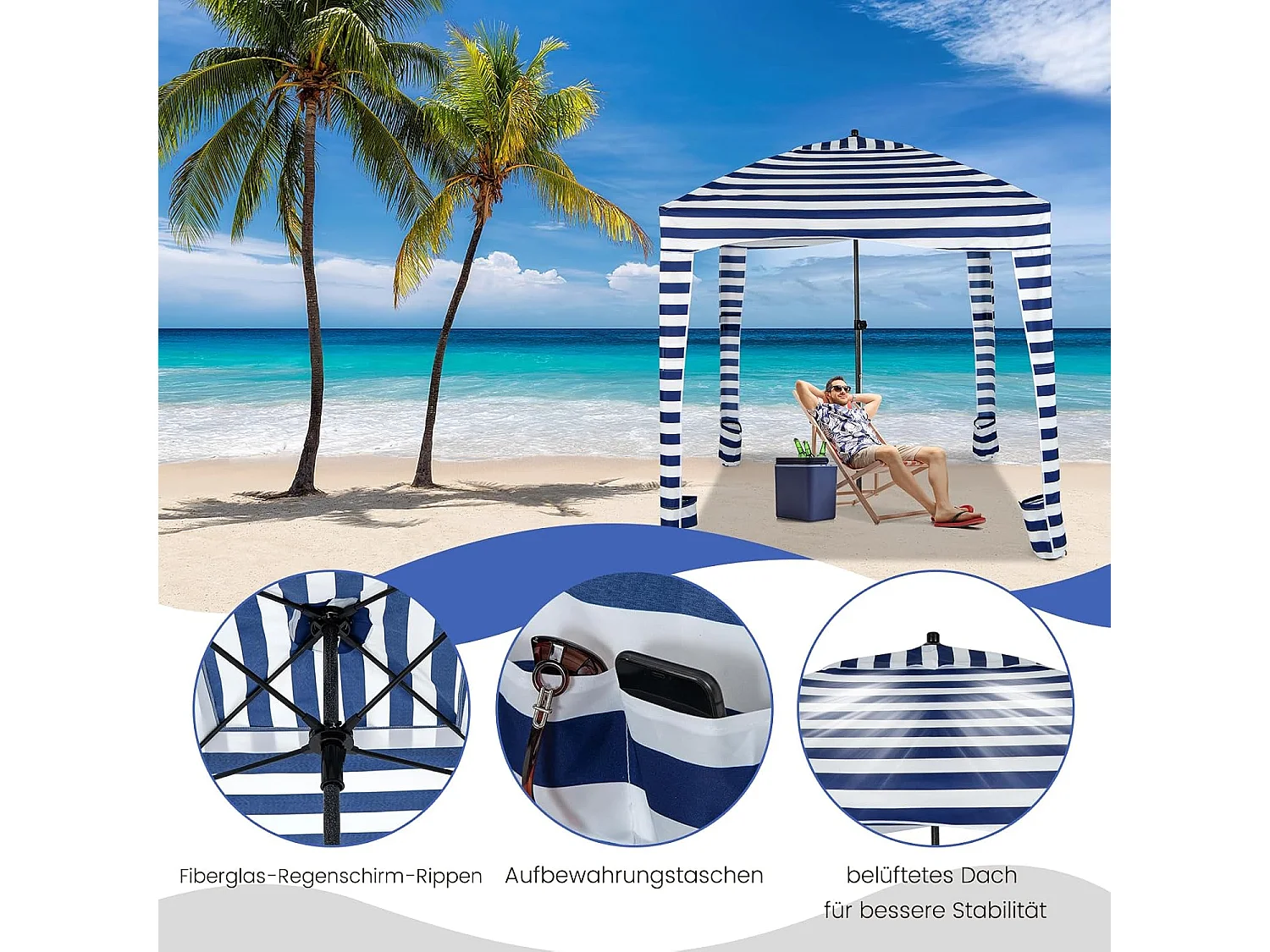 Zonwering met afneembare zijwand, draagbare strandtent met draagtas, outdoor-schaduw voor strand, camping, picknick, 183 x 183 cm ZB33277