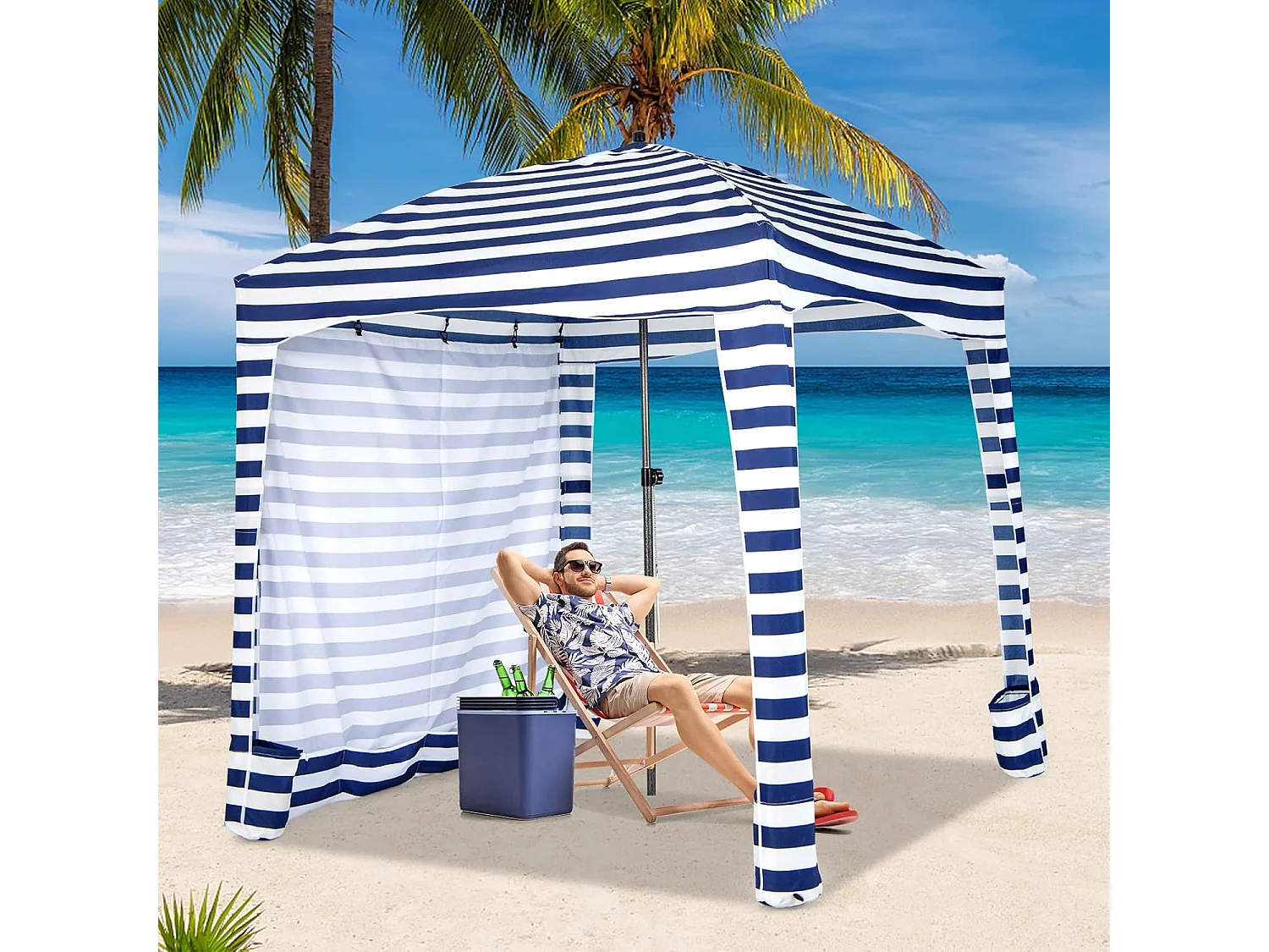 Zonwering met afneembare zijwand, draagbare strandtent met draagtas, outdoor-schaduw voor strand, camping, picknick, 183 x 183 cm ZB33277
