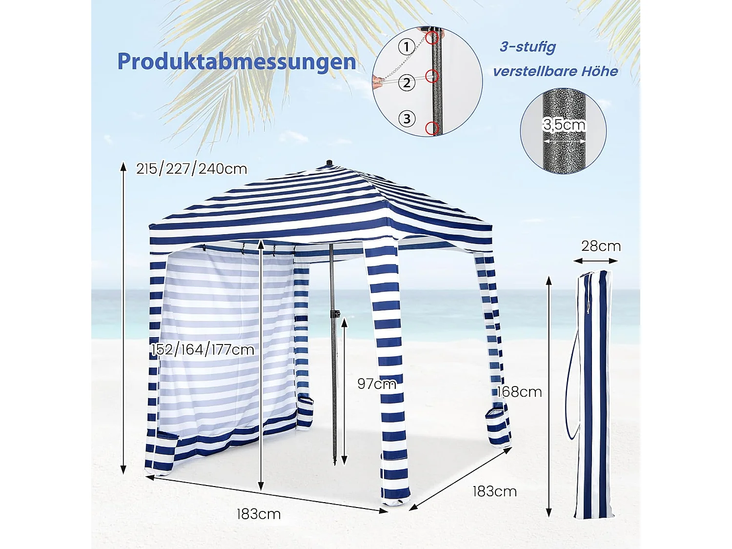 Zonwering met afneembare zijwand, draagbare strandtent met draagtas, outdoor-schaduw voor strand, camping, picknick, 183 x 183 cm ZB33277