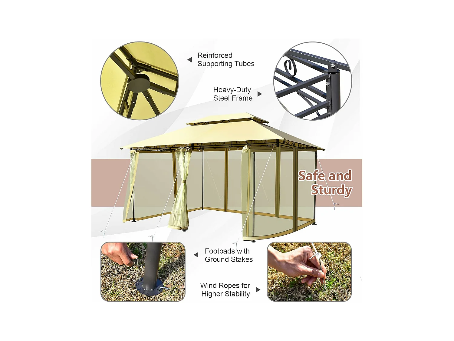 Paviljoen, metaal, 3 x 4 m, tuinpaviljoen, luxe tuintent, feesttent, feesttent, stabiel, voor picknicken, grillen, bruiloften (beige)ZB32576