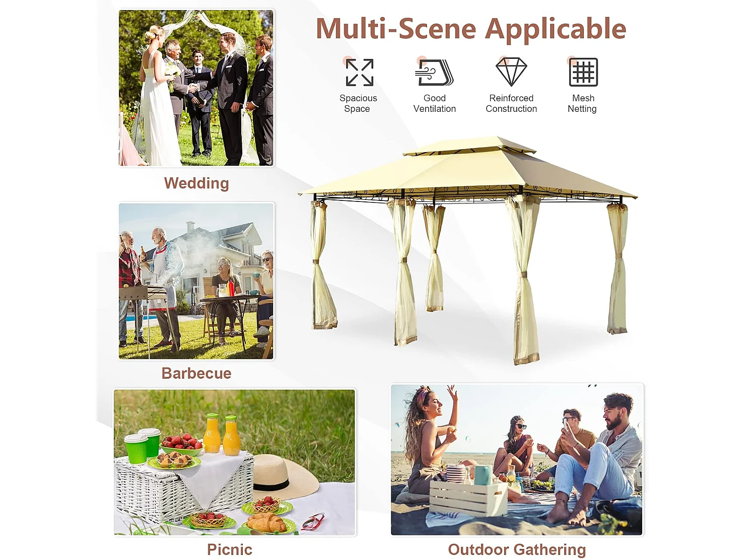 Paviljoen, metaal, 3 x 4 m, tuinpaviljoen, luxe tuintent, feesttent, feesttent, stabiel, voor picknicken, grillen, bruiloften (beige)ZB32576