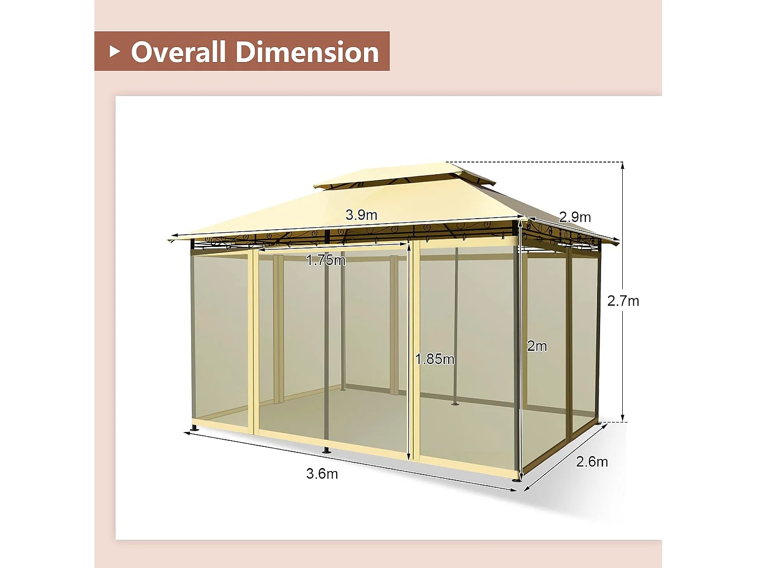 Paviljoen, metaal, 3 x 4 m, tuinpaviljoen, luxe tuintent, feesttent, feesttent, stabiel, voor picknicken, grillen, bruiloften (beige)ZB32576