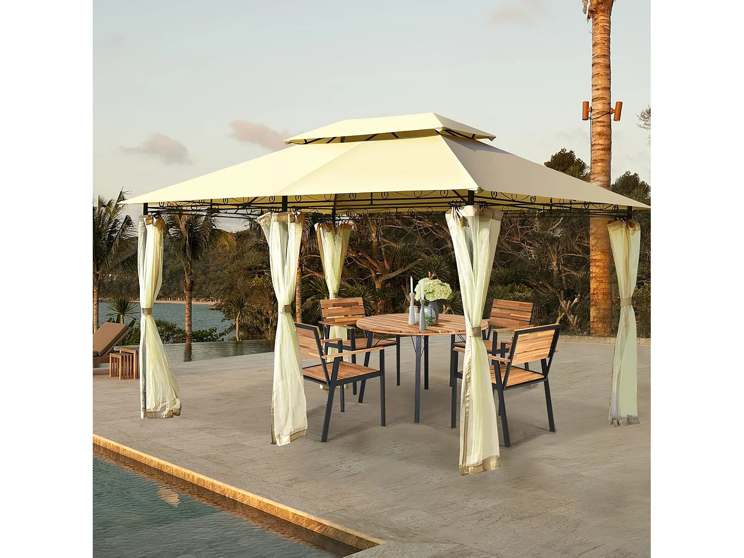 Paviljoen, metaal, 3 x 4 m, tuinpaviljoen, luxe tuintent, feesttent, feesttent, stabiel, voor picknicken, grillen, bruiloften (beige)ZB32576