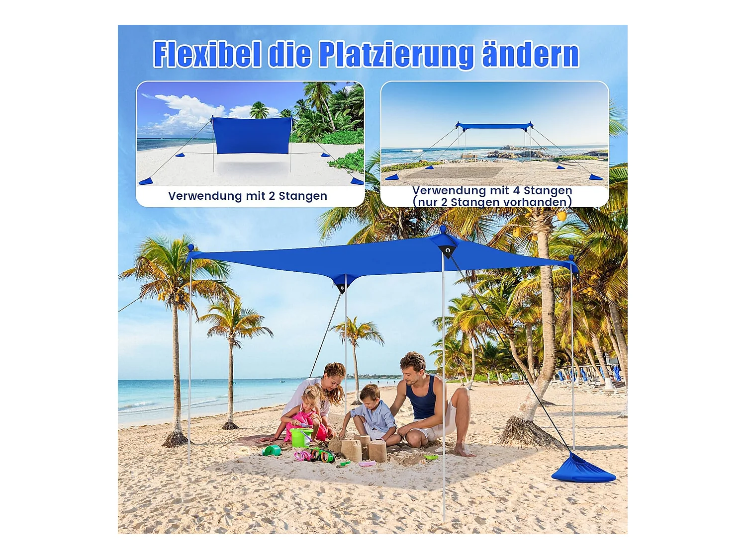 Strandtent 230x200 cm, UPF 50+, zonnetent met zandankers, zandzakken, draagbare zonwering, zonnedak voor strand, vissen, picknick (blauw) ZB33850