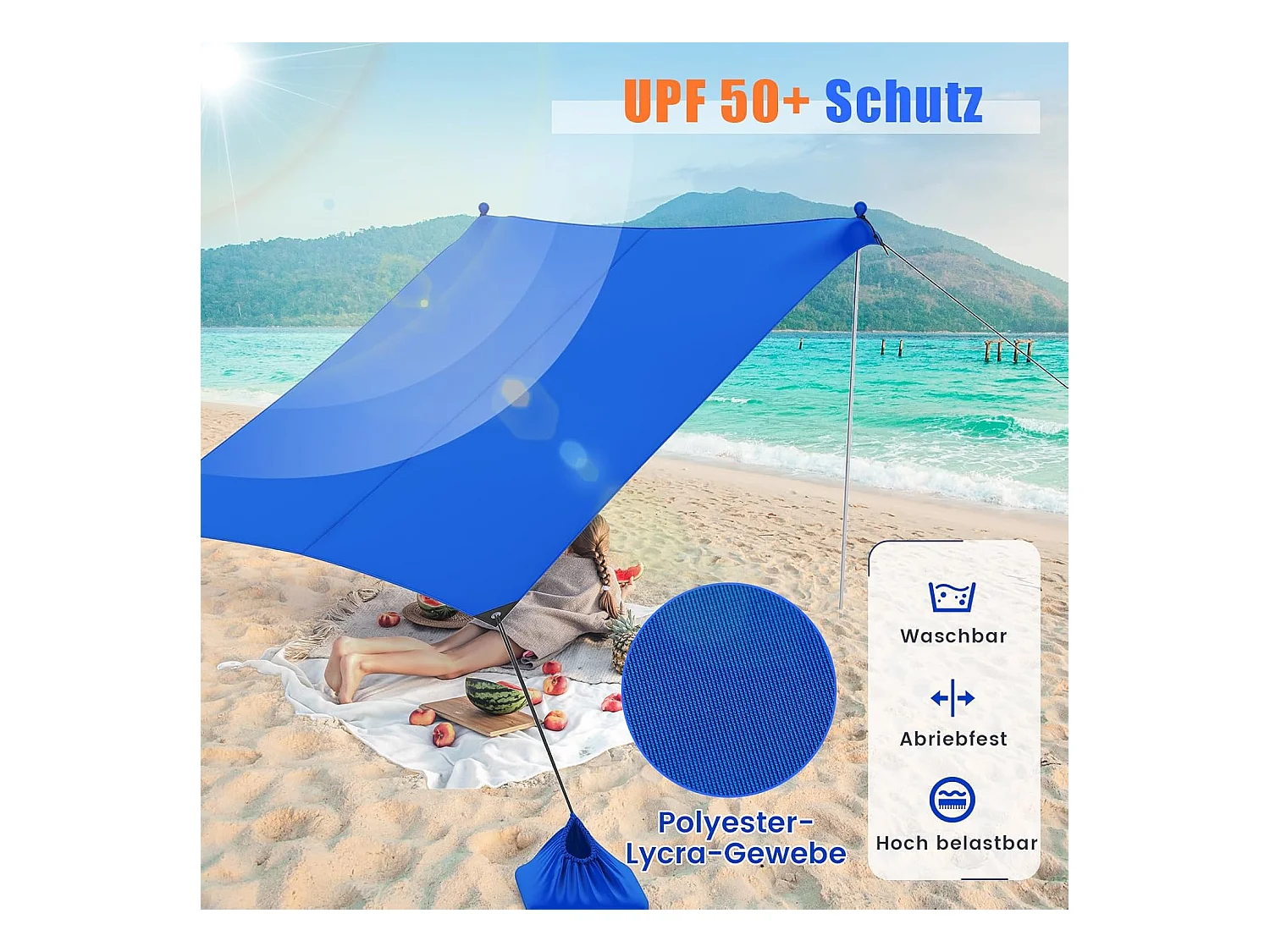 Strandtent 230x200 cm, UPF 50+, zonnetent met zandankers, zandzakken, draagbare zonwering, zonnedak voor strand, vissen, picknick (blauw) ZB33850