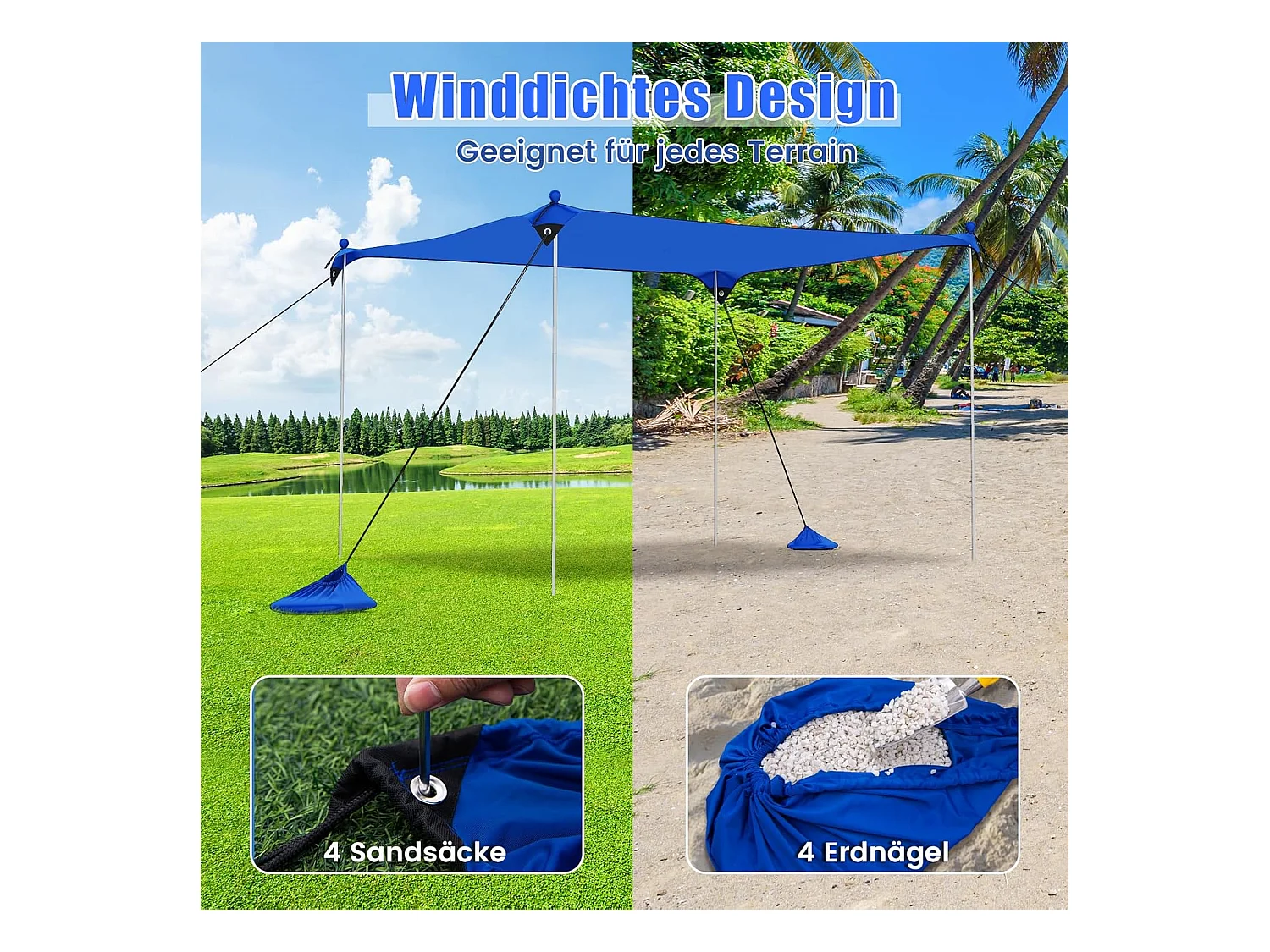 Strandtent 230x200 cm, UPF 50+, zonnetent met zandankers, zandzakken, draagbare zonwering, zonnedak voor strand, vissen, picknick (blauw) ZB33850