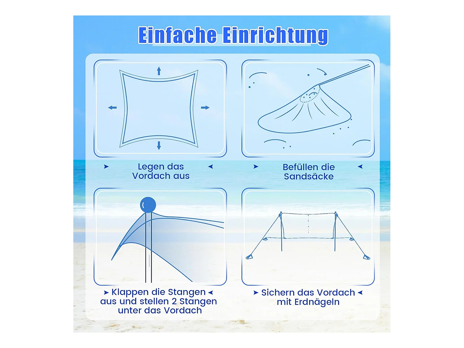 Strandtent 230x200 cm, UPF 50+, zonnetent met zandankers, zandzakken, draagbare zonwering, zonnedak voor strand, vissen, picknick (blauw) ZB33850