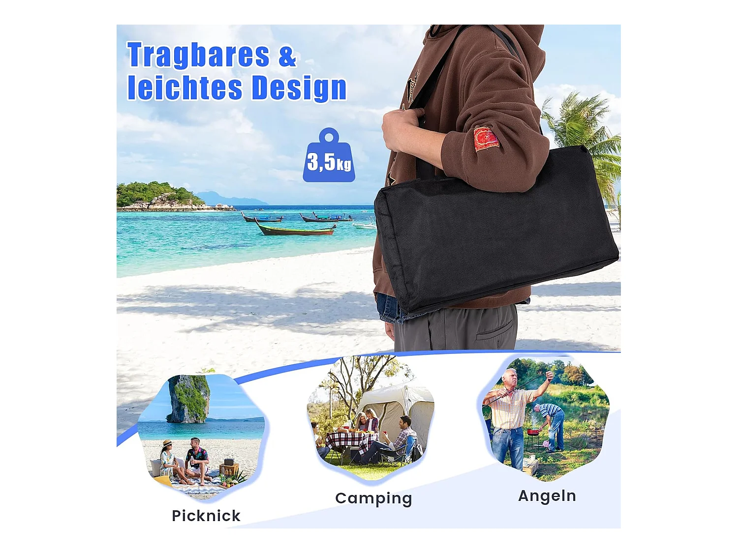 Strandtent 230x200 cm, UPF 50+, zonnetent met zandankers, zandzakken, draagbare zonwering, zonnedak voor strand, vissen, picknick (blauw) ZB33850