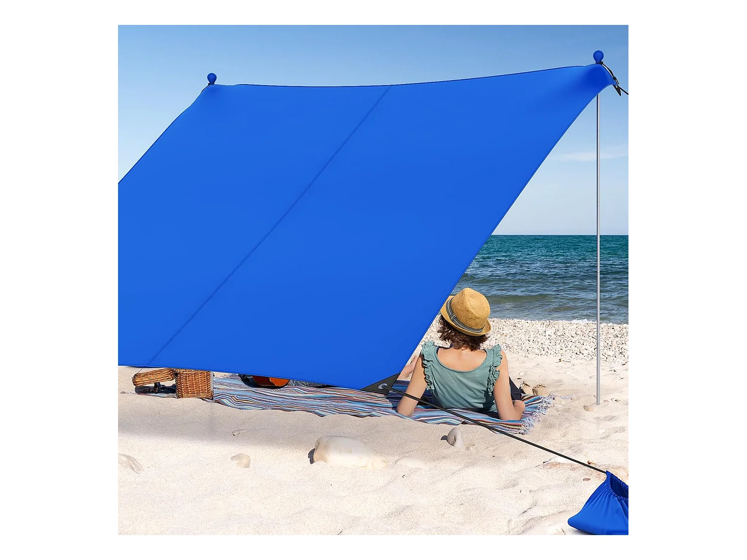 Strandtent 230x200 cm, UPF 50+, zonnetent met zandankers, zandzakken, draagbare zonwering, zonnedak voor strand, vissen, picknick (blauw) ZB33850
