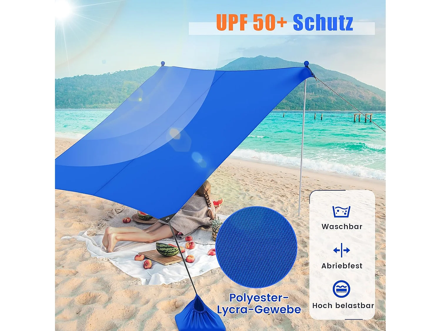 Strandtent 230x200 cm, UPF 50+, zonnetent met zandankers, zandzakken, draagbare zonwering, zonnedak voor strand, vissen, picknick (blauw) ZB33850