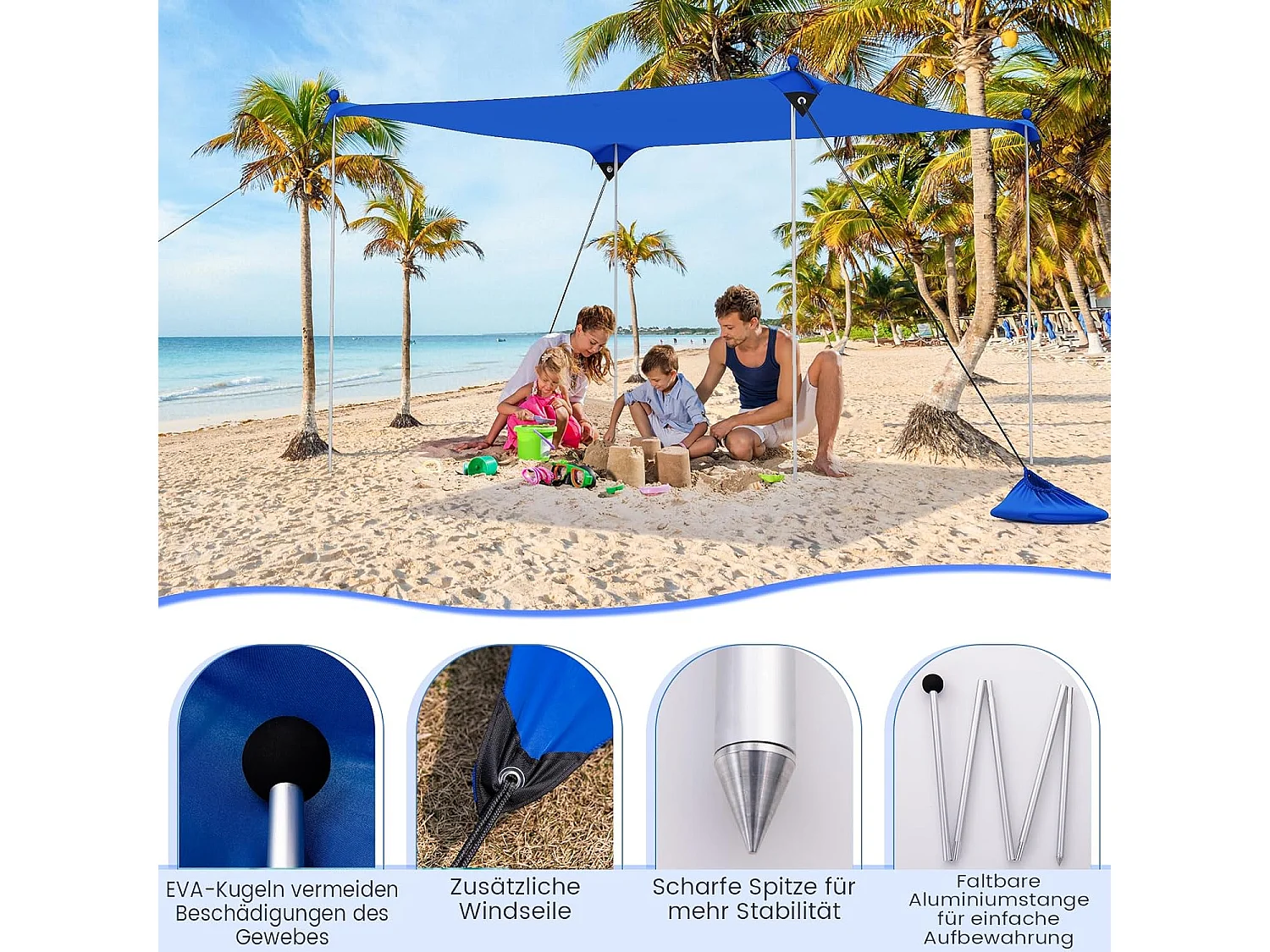 Strandtent 230x200 cm, UPF 50+, zonnetent met zandankers, zandzakken, draagbare zonwering, zonnedak voor strand, vissen, picknick (blauw) ZB33850