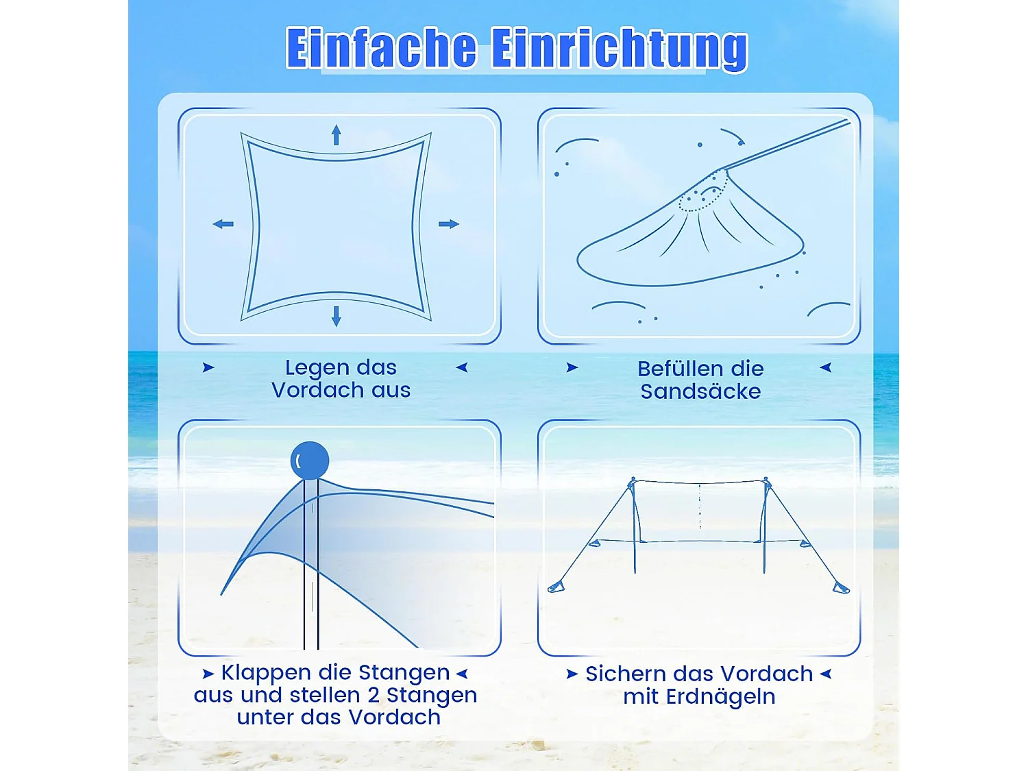 Strandtent 230x200 cm, UPF 50+, zonnetent met zandankers, zandzakken, draagbare zonwering, zonnedak voor strand, vissen, picknick (blauw) ZB33850