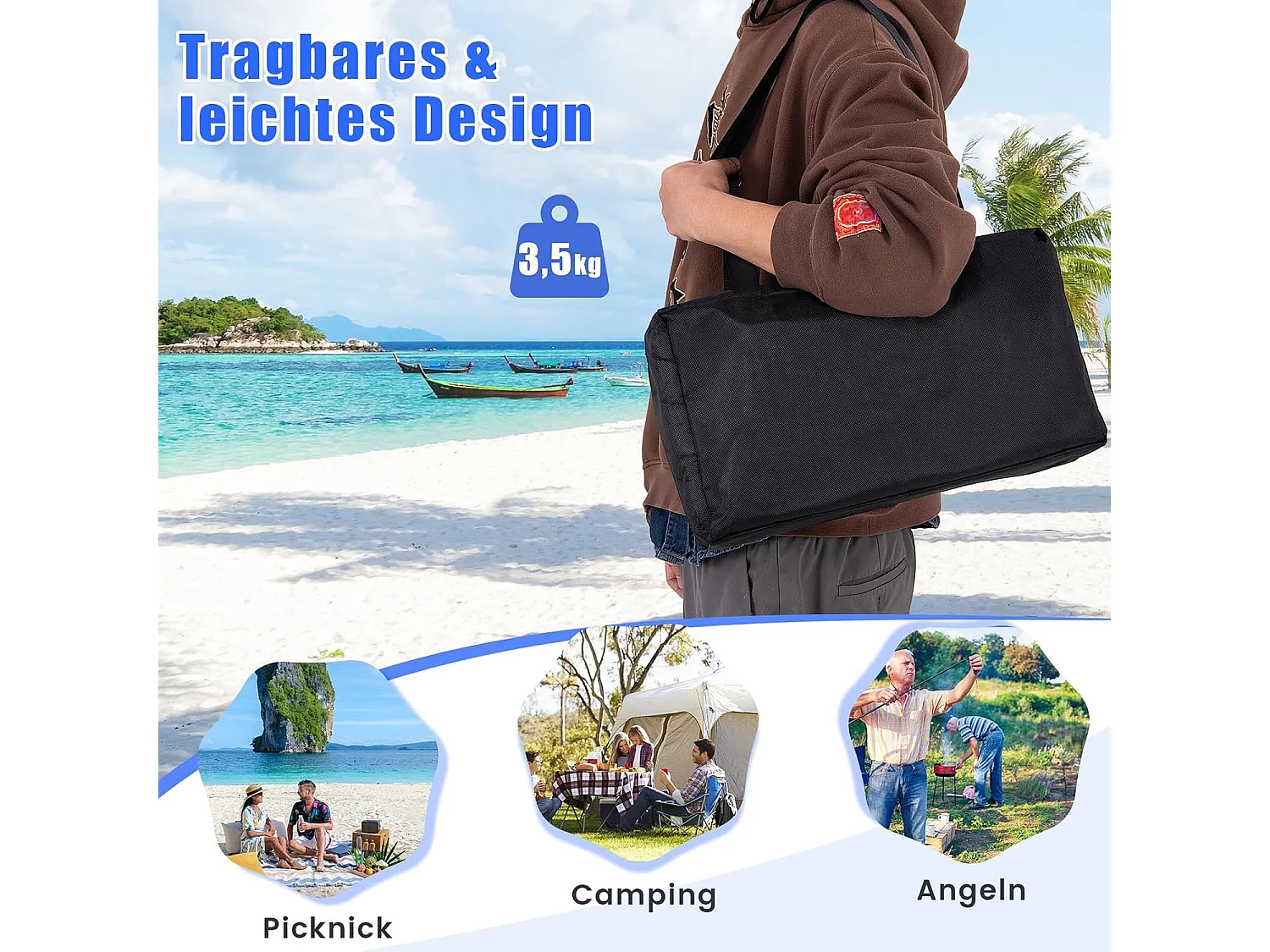 Strandtent 230x200 cm, UPF 50+, zonnetent met zandankers, zandzakken, draagbare zonwering, zonnedak voor strand, vissen, picknick (blauw) ZB33850