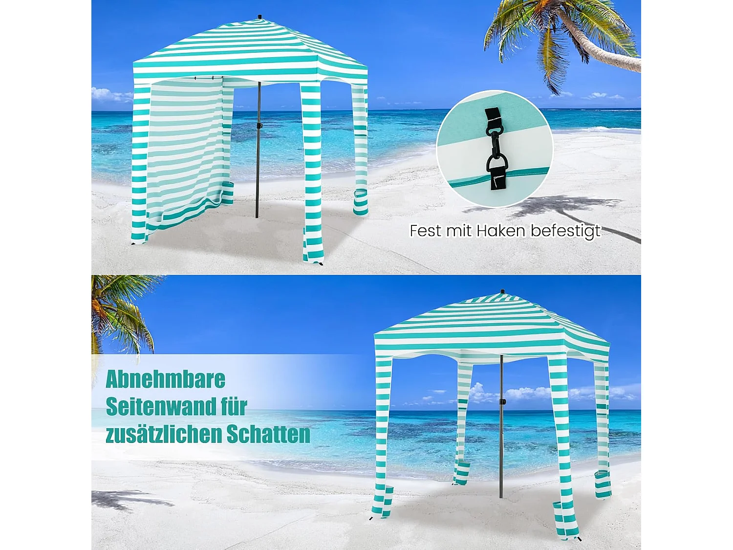 Zonwering met afneembare zijwand, draagbare strandtent, outdoor-schaduw voor strand, camping, picknick, 183 x 183 cm (wit-groen) ZB33277