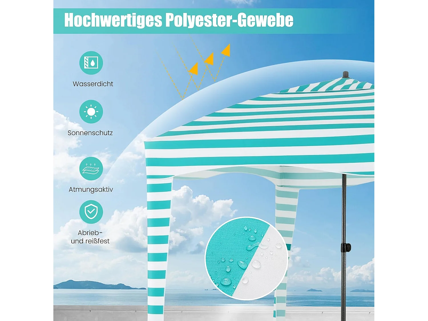 Zonwering met afneembare zijwand, draagbare strandtent, outdoor-schaduw voor strand, camping, picknick, 183 x 183 cm (wit-groen) ZB33277