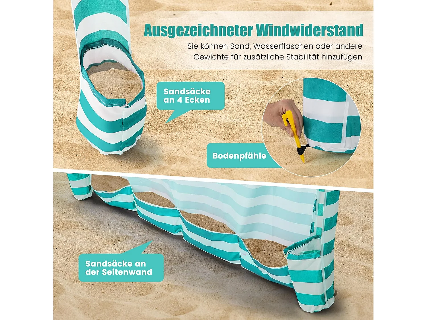 Zonwering met afneembare zijwand, draagbare strandtent, outdoor-schaduw voor strand, camping, picknick, 183 x 183 cm (wit-groen) ZB33277