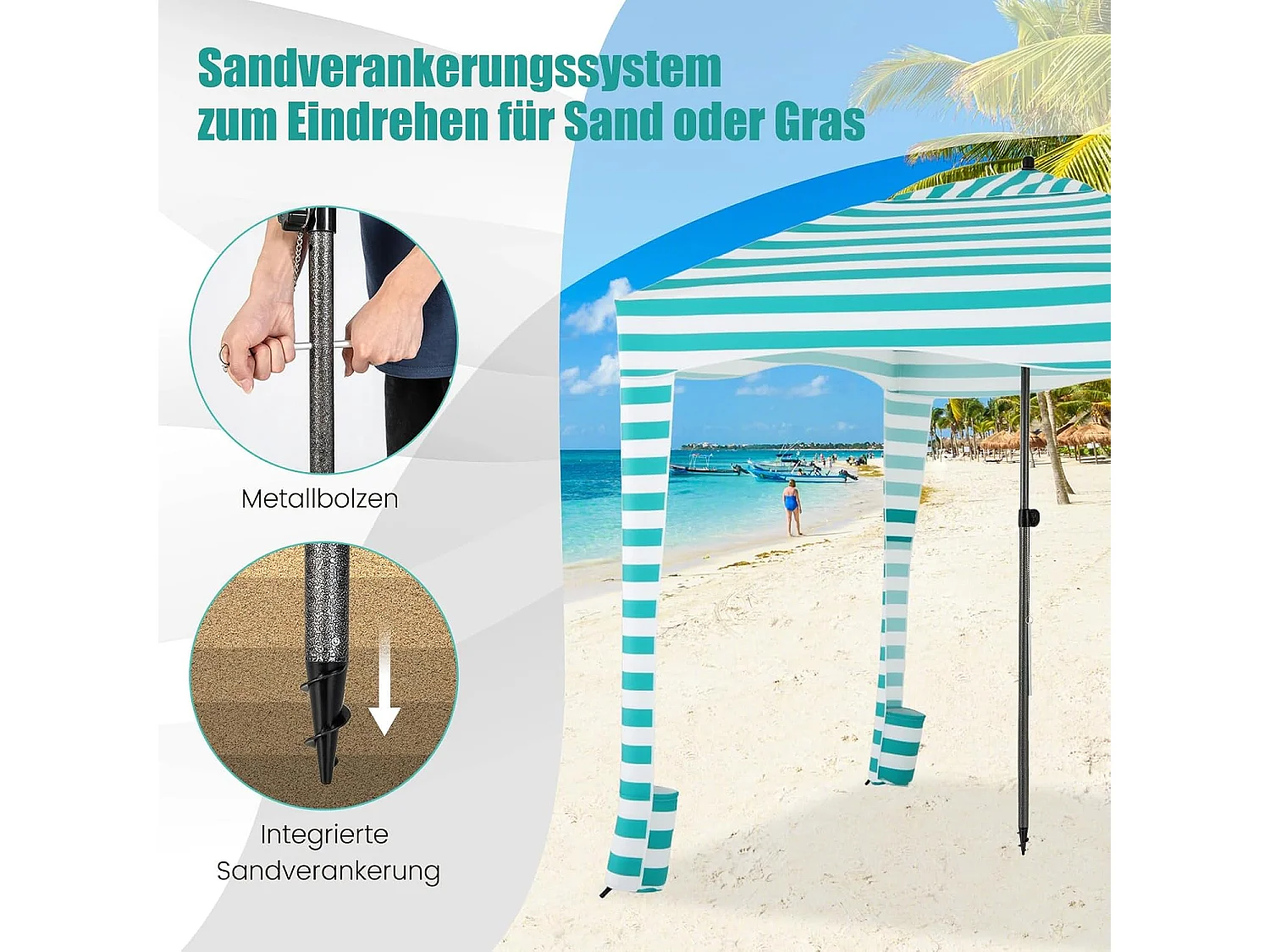 Zonwering met afneembare zijwand, draagbare strandtent, outdoor-schaduw voor strand, camping, picknick, 183 x 183 cm (wit-groen) ZB33277