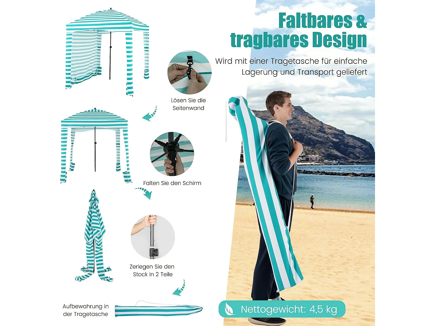 Zonwering met afneembare zijwand, draagbare strandtent, outdoor-schaduw voor strand, camping, picknick, 183 x 183 cm (wit-groen) ZB33277