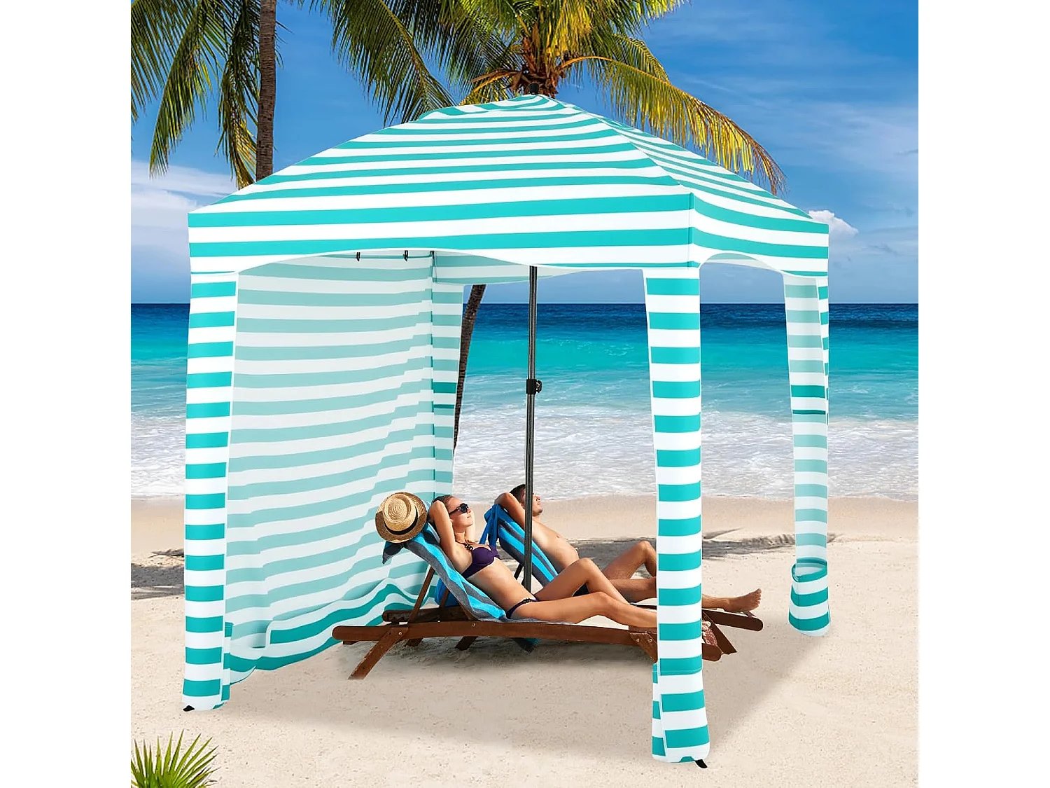 Zonwering met afneembare zijwand, draagbare strandtent, outdoor-schaduw voor strand, camping, picknick, 183 x 183 cm (wit-groen) ZB33277