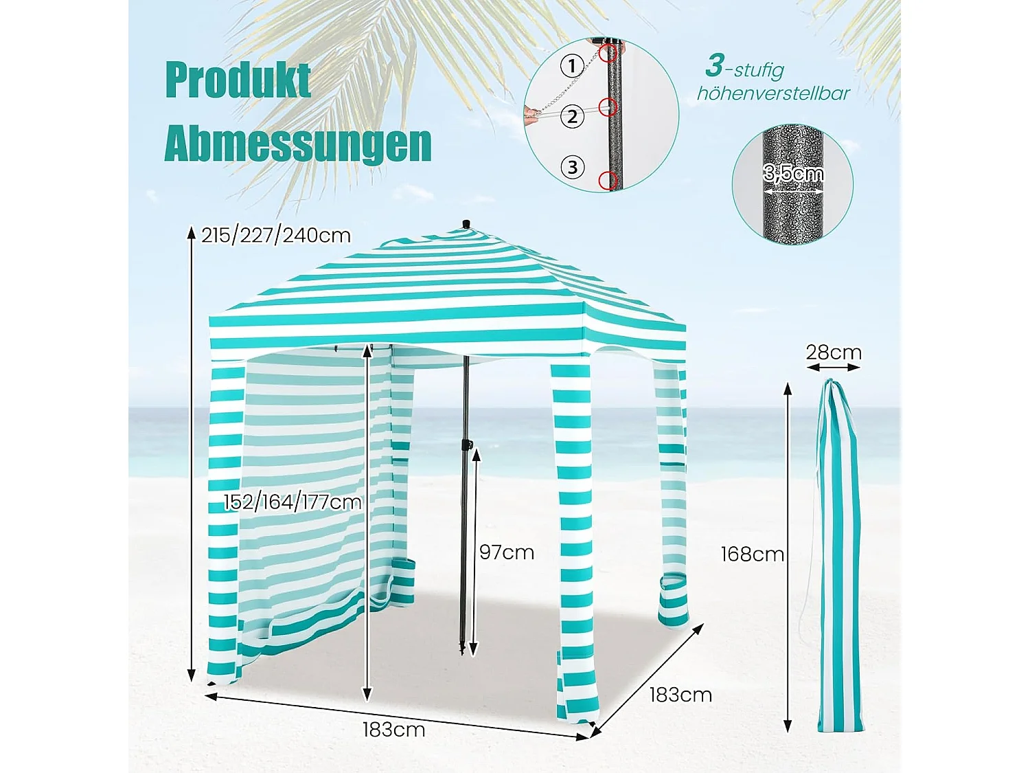 Zonwering met afneembare zijwand, draagbare strandtent, outdoor-schaduw voor strand, camping, picknick, 183 x 183 cm (wit-groen) ZB33277