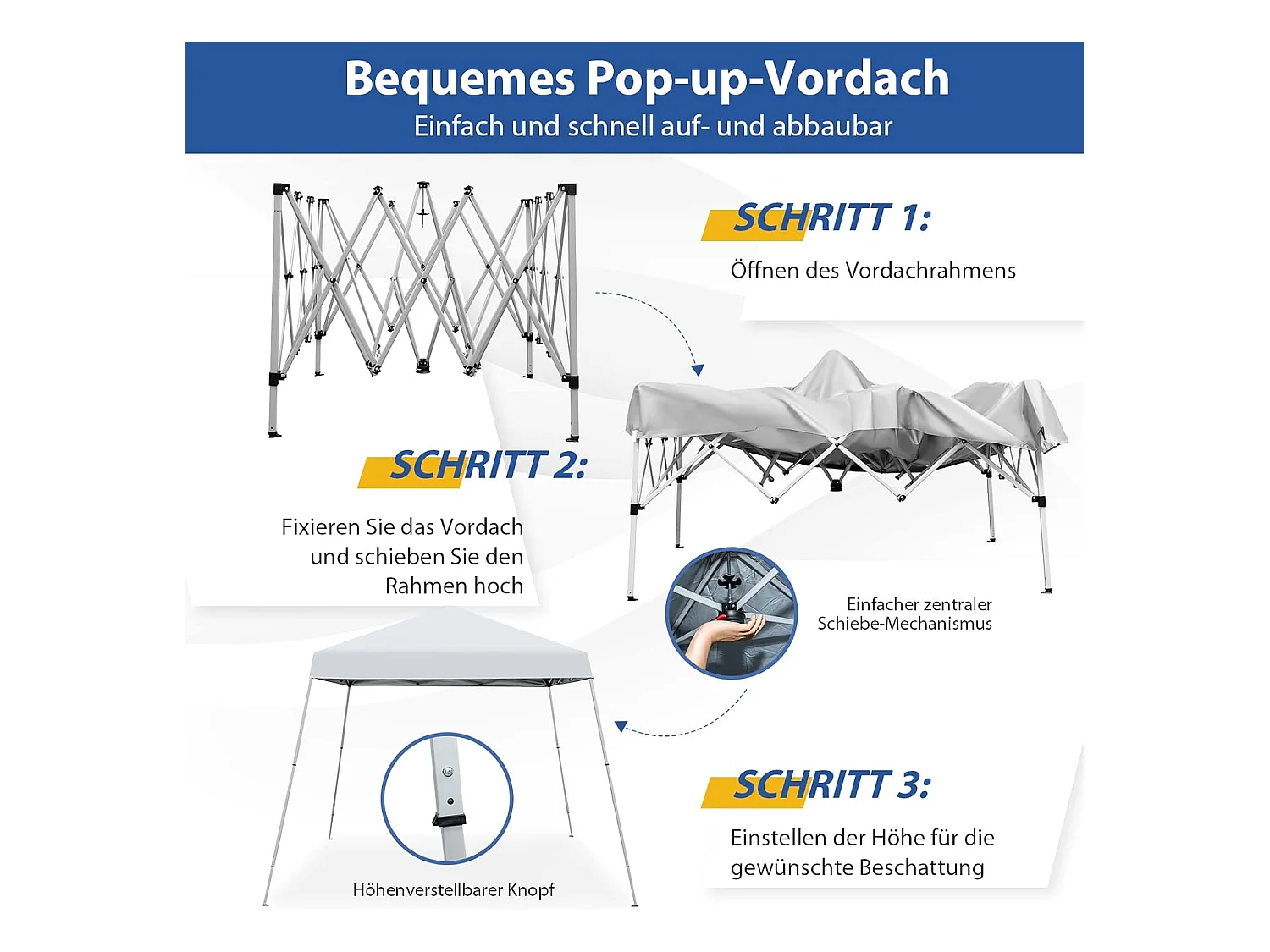 3x3m vouwpaviljoen, pop-up tuinpaviljoen, paviljoen, opvouwbaar, uv-bescherming 50+,verstelbaar op 3 hoogteniveaus, voor strand, camping ZB32060