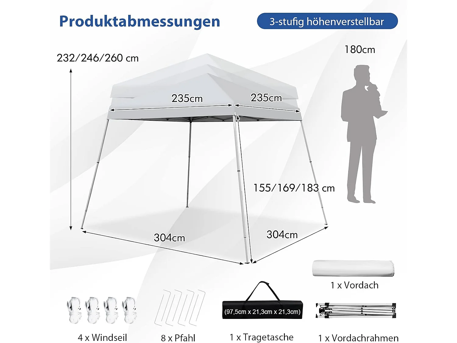 3x3m vouwpaviljoen, pop-up tuinpaviljoen, paviljoen, opvouwbaar, uv-bescherming 50+,verstelbaar op 3 hoogteniveaus, voor strand, camping ZB32060