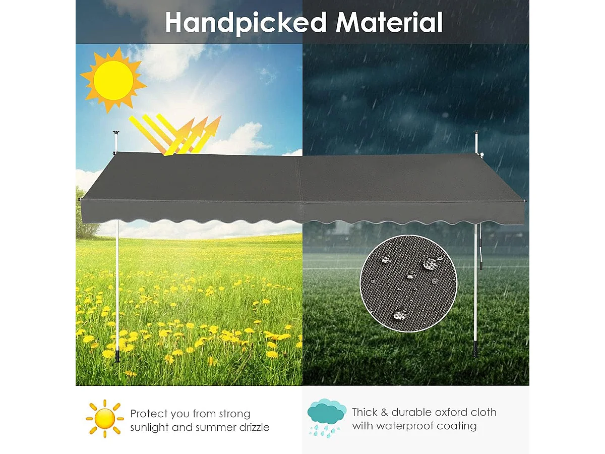 Klemluifel, 400 cm breed, balkonluifel zonder boren, uv-bestendig, in hoogte verstelbaar, luifel met handslinger, zonneluifel,grijsAB92537