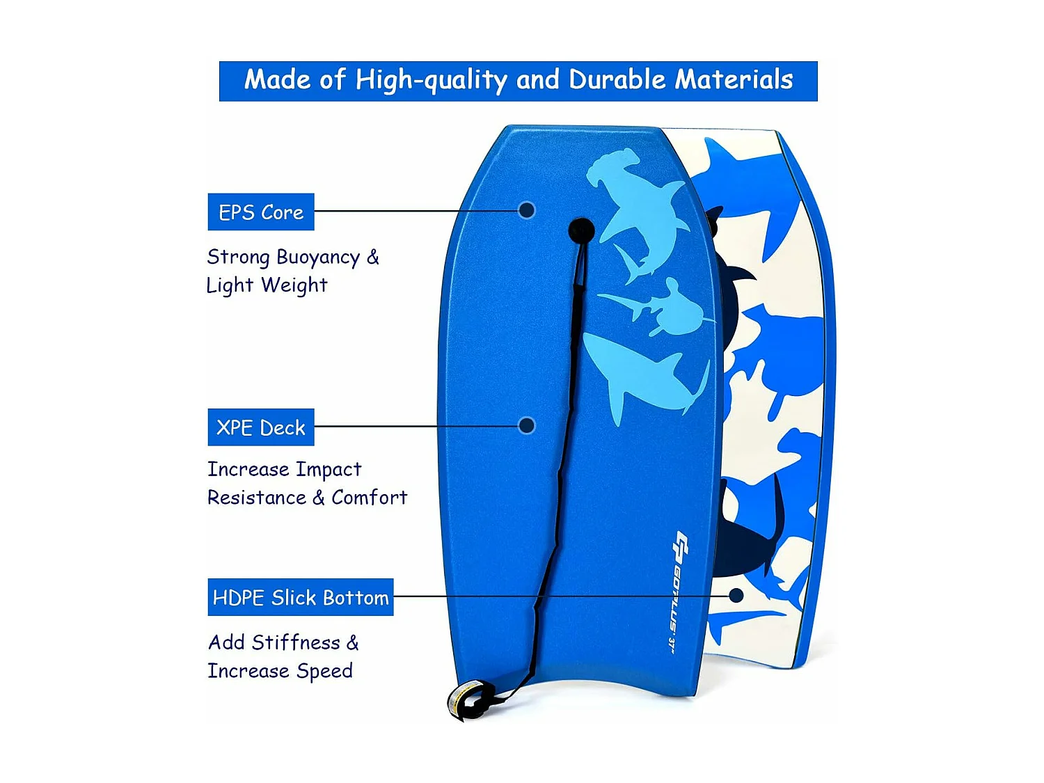 Bodyboard, zwemplank, surfplank, kinderen, surfboard, sup-board, 104 x 52 x 6 cm (blauw)AB5077