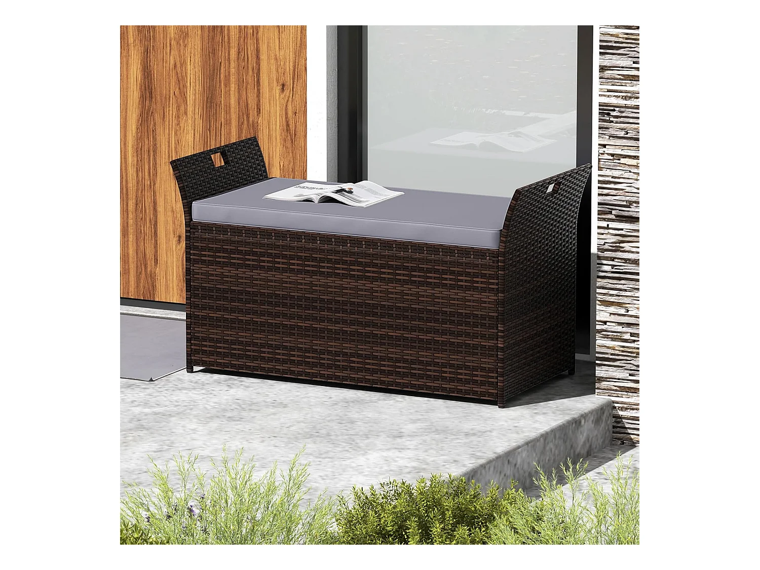 Tuinbank met opbergruimte, polyrotan zitbank met kussens en zijgrepen, opbergbox, tuinkist, tuinbox, 2-zits balkonbank voor tuin, balkon, terrasZB33193