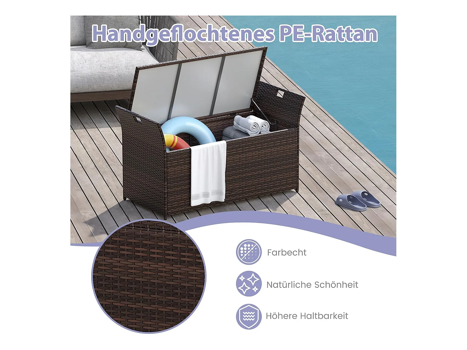 Tuinbank met opbergruimte, polyrotan zitbank met kussens en zijgrepen, opbergbox, tuinkist, tuinbox, 2-zits balkonbank voor tuin, balkon, terrasZB33193