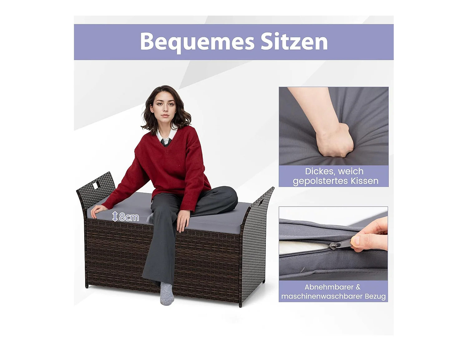 Tuinbank met opbergruimte, polyrotan zitbank met kussens en zijgrepen, opbergbox, tuinkist, tuinbox, 2-zits balkonbank voor tuin, balkon, terrasZB33193