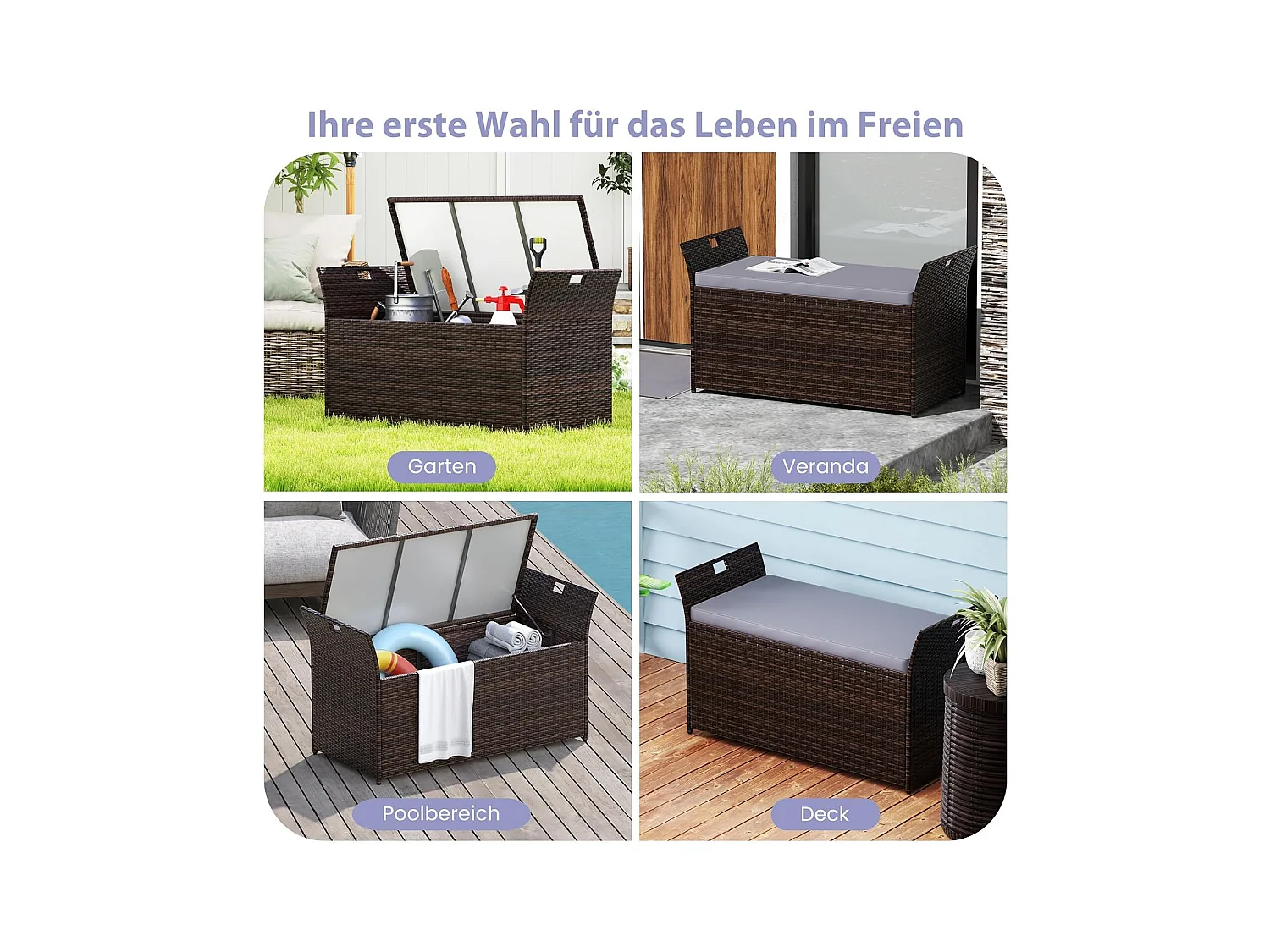 Tuinbank met opbergruimte, polyrotan zitbank met kussens en zijgrepen, opbergbox, tuinkist, tuinbox, 2-zits balkonbank voor tuin, balkon, terrasZB33193