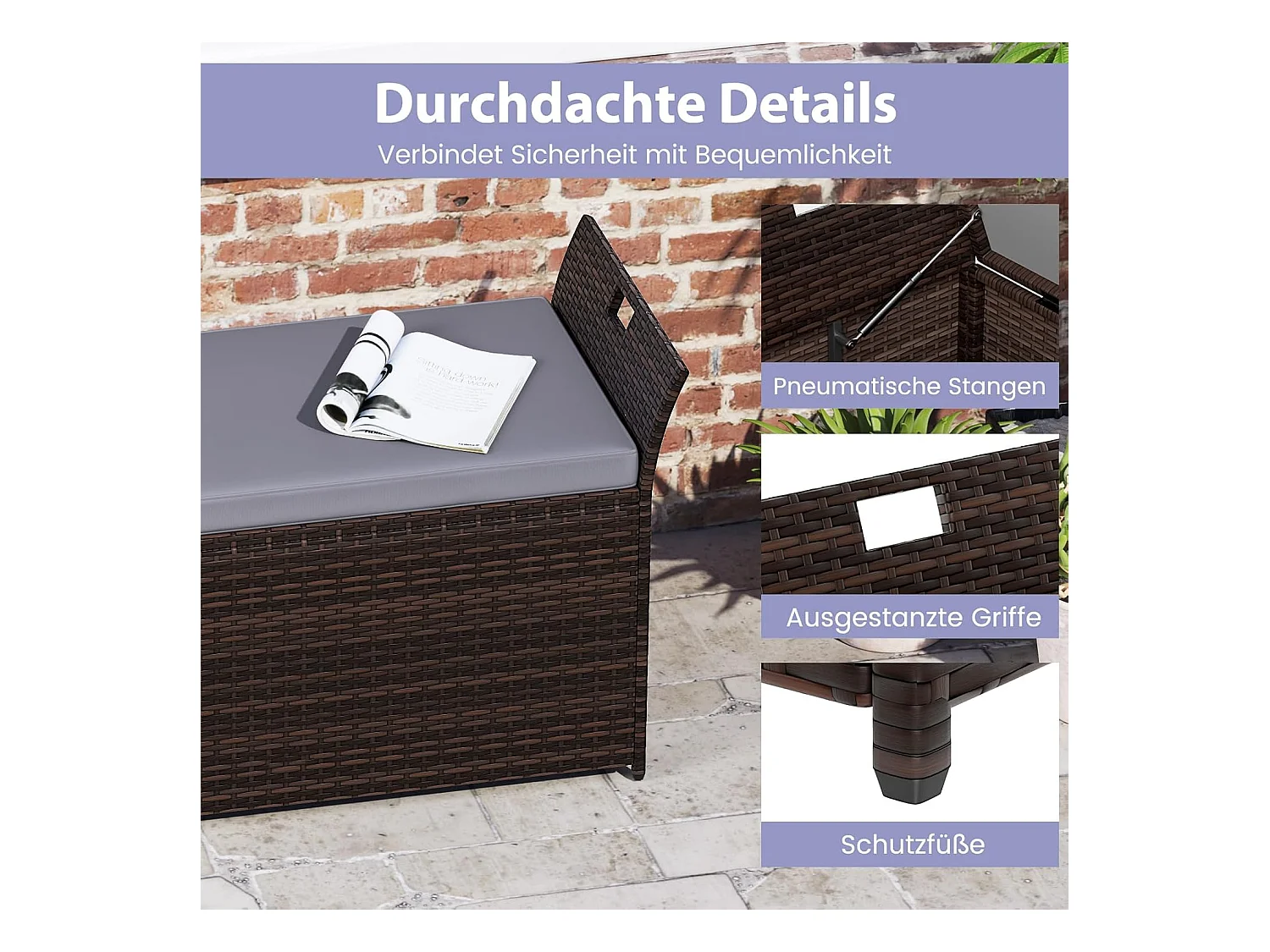 Tuinbank met opbergruimte, polyrotan zitbank met kussens en zijgrepen, opbergbox, tuinkist, tuinbox, 2-zits balkonbank voor tuin, balkon, terrasZB33193