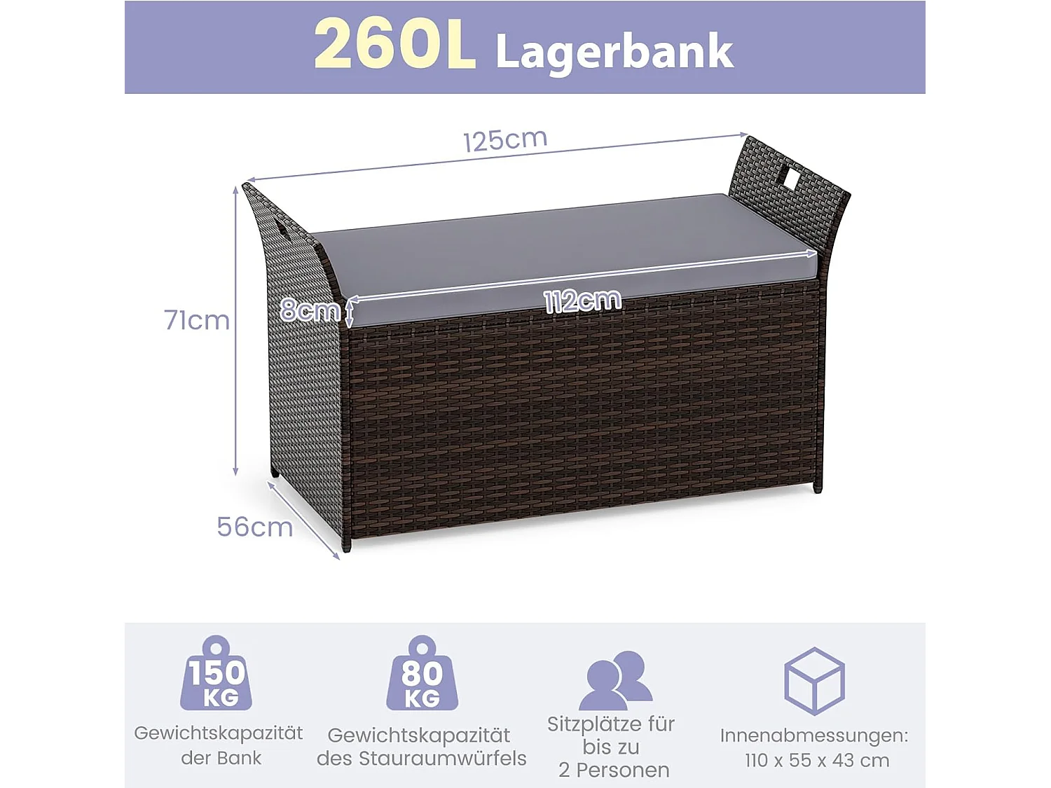 Tuinbank met opbergruimte, polyrotan zitbank met kussens en zijgrepen, opbergbox, tuinkist, tuinbox, 2-zits balkonbank voor tuin, balkon, terrasZB33193