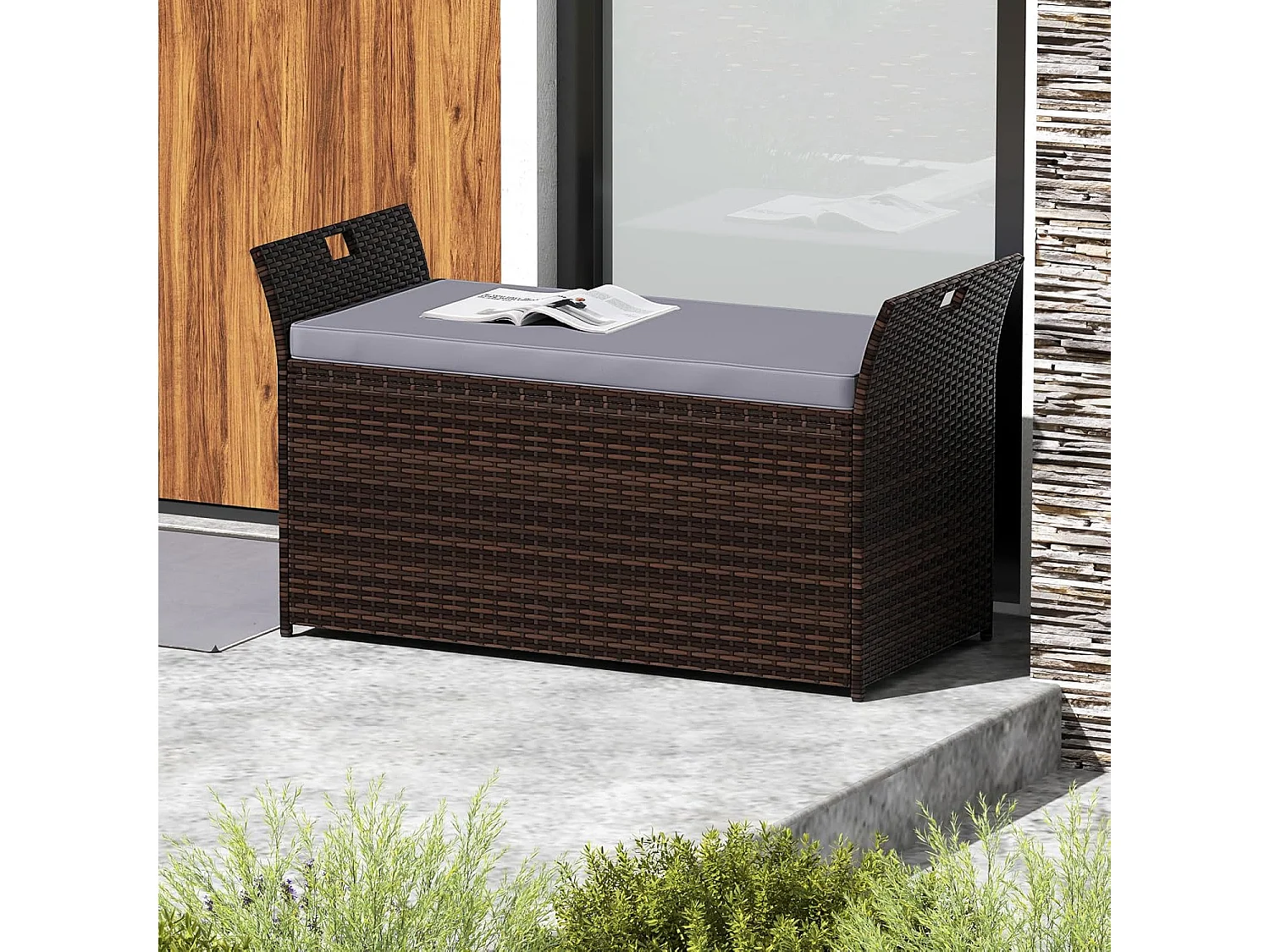 Tuinbank met opbergruimte, polyrotan zitbank met kussens en zijgrepen, opbergbox, tuinkist, tuinbox, 2-zits balkonbank voor tuin, balkon, terrasZB33193
