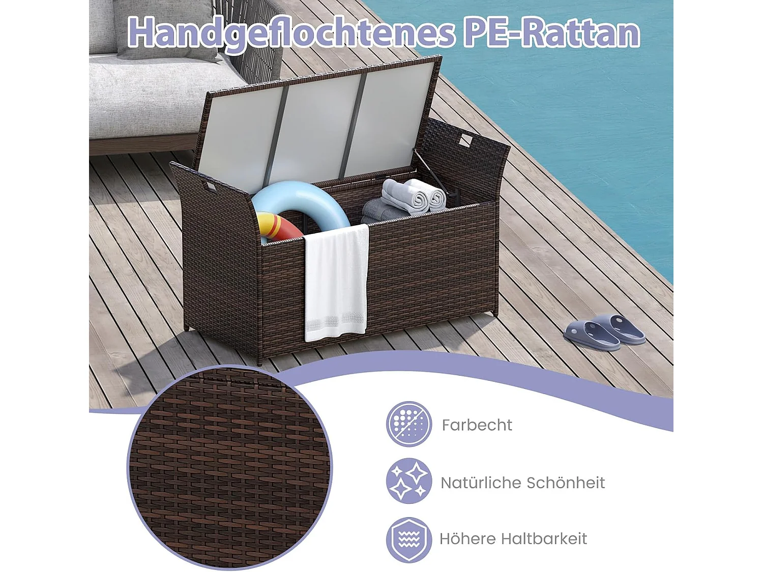 Tuinbank met opbergruimte, polyrotan zitbank met kussens en zijgrepen, opbergbox, tuinkist, tuinbox, 2-zits balkonbank voor tuin, balkon, terrasZB33193