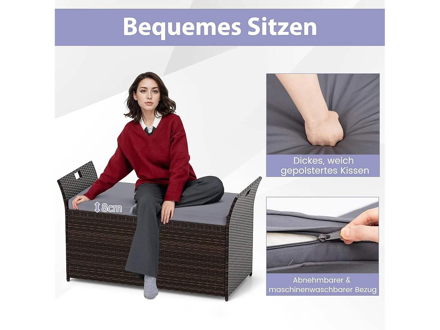 Tuinbank met opbergruimte, polyrotan zitbank met kussens en zijgrepen, opbergbox, tuinkist, tuinbox, 2-zits balkonbank voor tuin, balkon, terrasZB33193