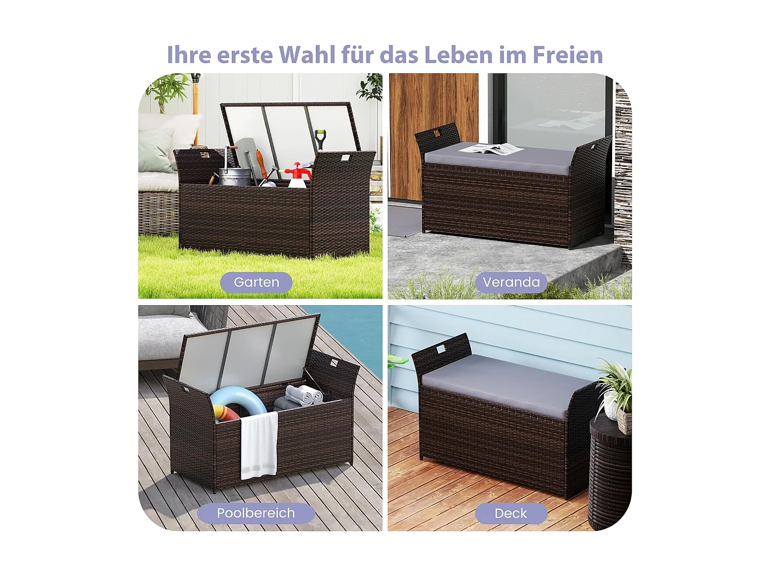 Tuinbank met opbergruimte, polyrotan zitbank met kussens en zijgrepen, opbergbox, tuinkist, tuinbox, 2-zits balkonbank voor tuin, balkon, terrasZB33193