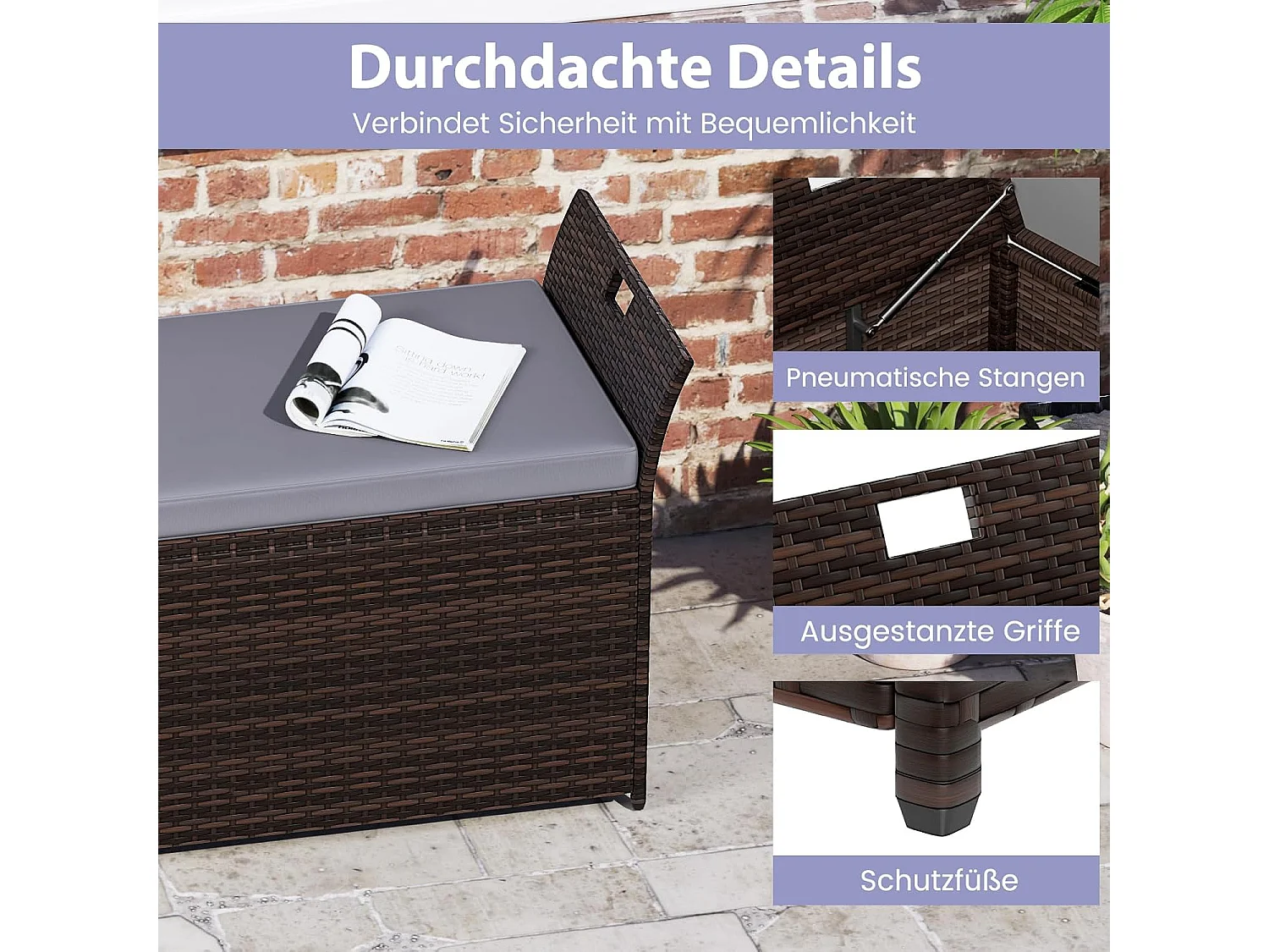 Tuinbank met opbergruimte, polyrotan zitbank met kussens en zijgrepen, opbergbox, tuinkist, tuinbox, 2-zits balkonbank voor tuin, balkon, terrasZB33193