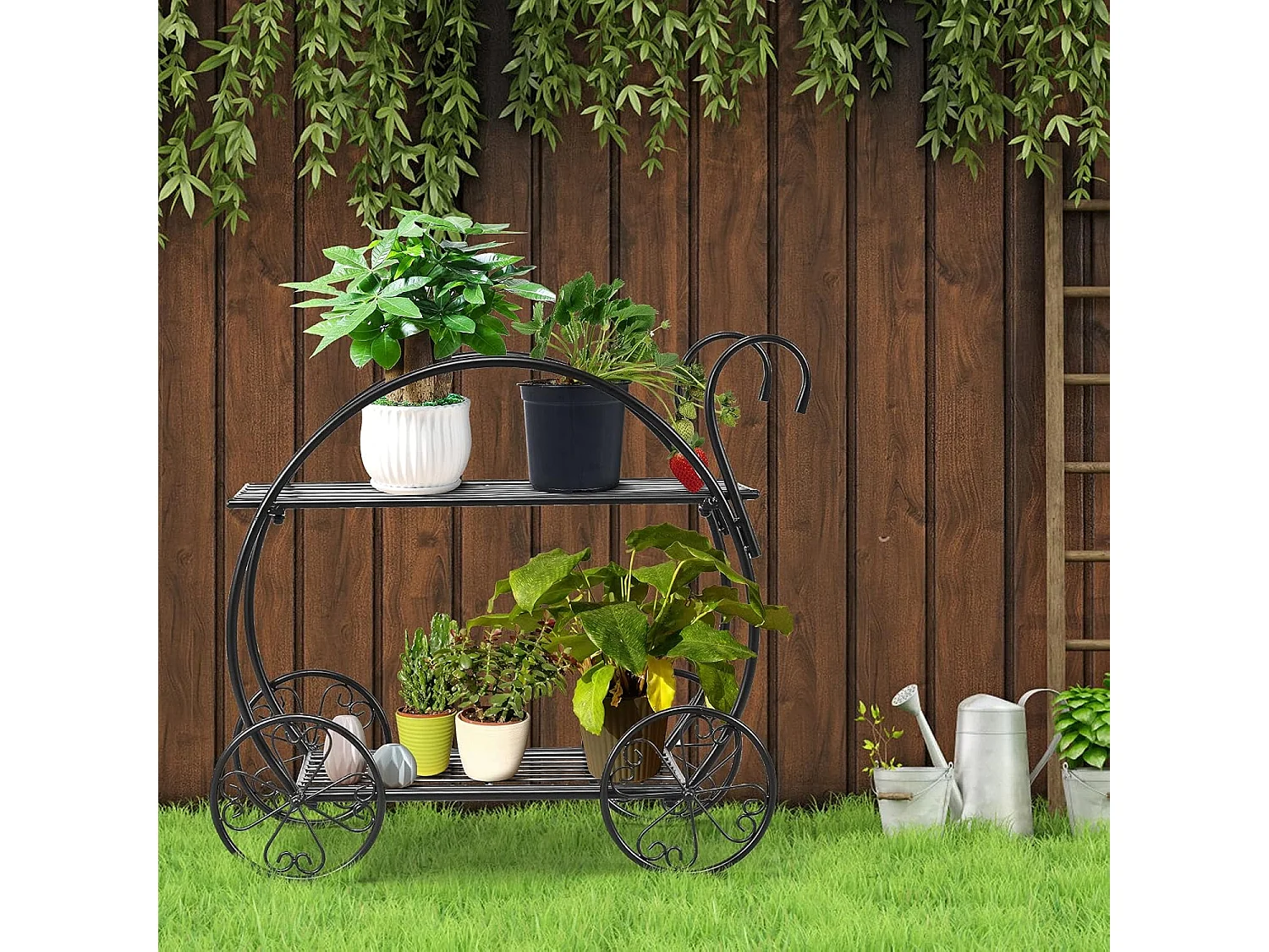 Plantenrek, bloemenrek, 2-traps, bloemenstandaard, vrijstaand, bloementrap,metaal, plantentrap,zwart, plantenstandaard voor balkon, tuin, terras