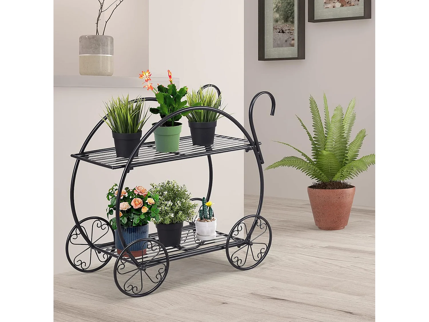 Plantenrek, bloemenrek, 2-traps, bloemenstandaard, vrijstaand, bloementrap,metaal, plantentrap,zwart, plantenstandaard voor balkon, tuin, terras