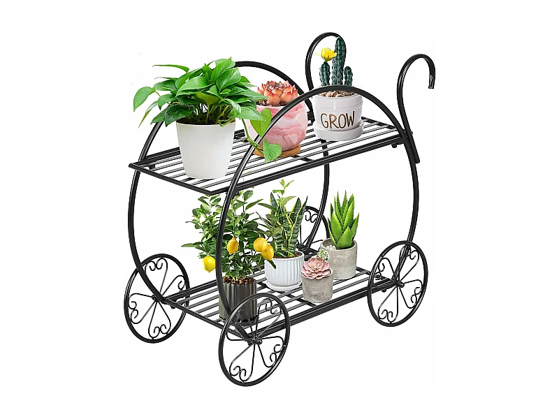 Plantenrek, bloemenrek, 2-traps, bloemenstandaard, vrijstaand, bloementrap,metaal, plantentrap,zwart, plantenstandaard voor balkon, tuin, terras