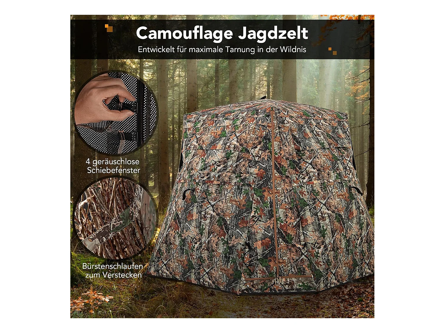 Jachttent voor 2-3 personen, 360° doorzichtige camouflagetent voor de jacht op herten en wilde zwijnen, opklapbaar jachtschuilplaats voor jagers