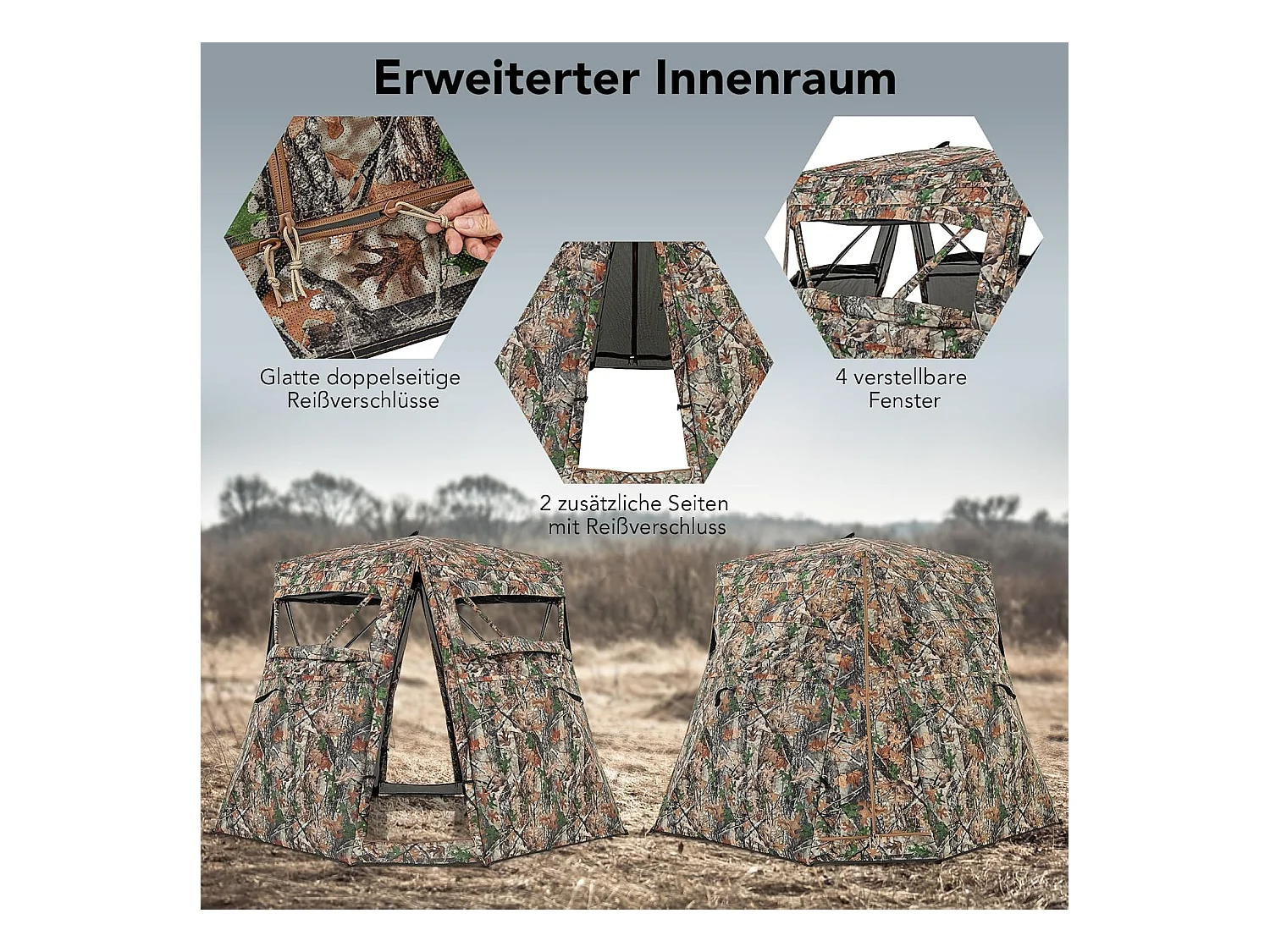 Jachttent voor 2-3 personen, 360° doorzichtige camouflagetent voor de jacht op herten en wilde zwijnen, opklapbaar jachtschuilplaats voor jagers