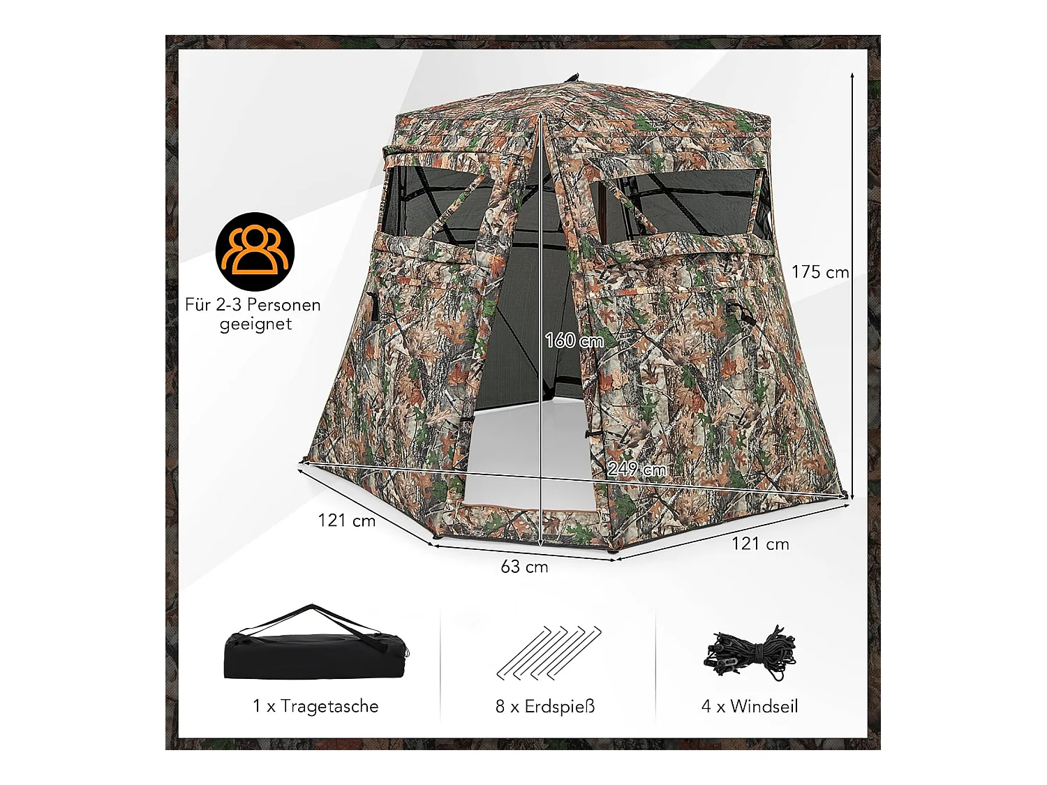 Jachttent voor 2-3 personen, 360° doorzichtige camouflagetent voor de jacht op herten en wilde zwijnen, opklapbaar jachtschuilplaats voor jagers