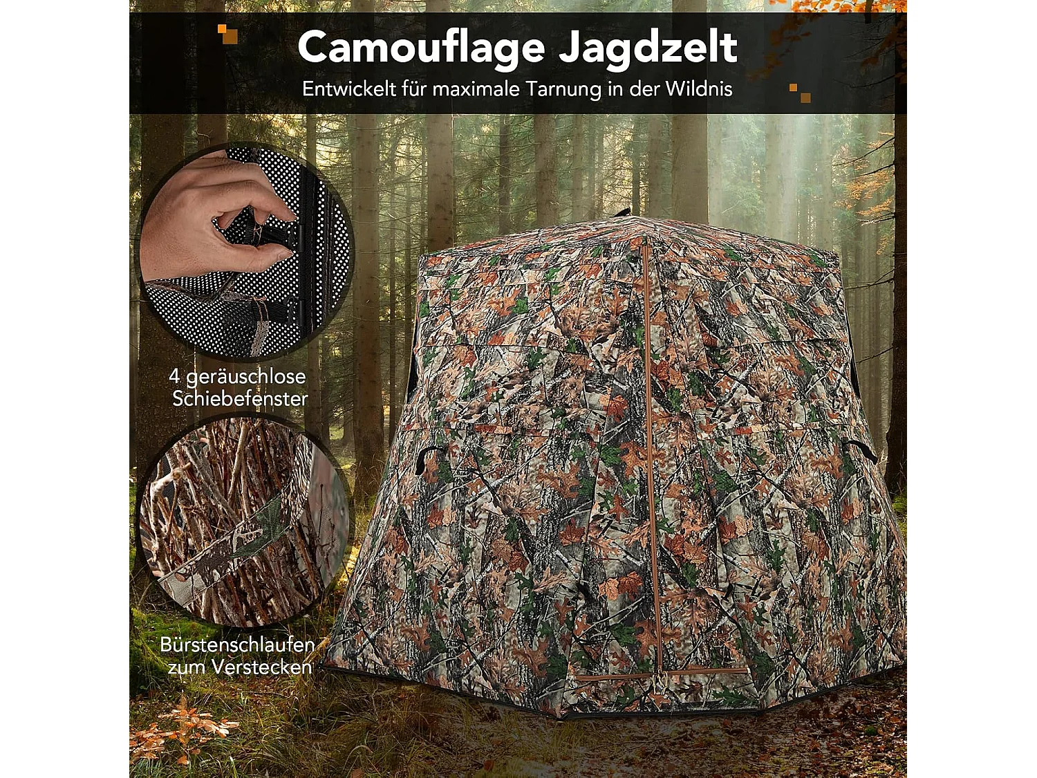 Jachttent voor 2-3 personen, 360° doorzichtige camouflagetent voor de jacht op herten en wilde zwijnen, opklapbaar jachtschuilplaats voor jagers