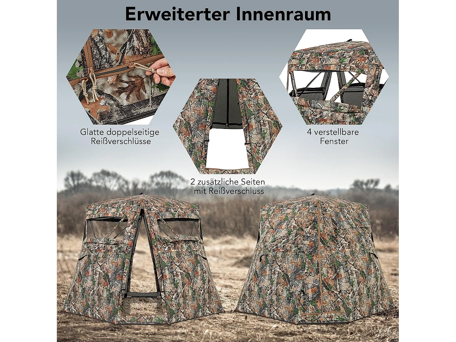 Jachttent voor 2-3 personen, 360° doorzichtige camouflagetent voor de jacht op herten en wilde zwijnen, opklapbaar jachtschuilplaats voor jagers