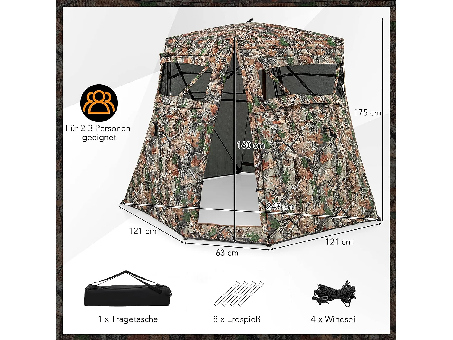 Jachttent voor 2-3 personen, 360° doorzichtige camouflagetent voor de jacht op herten en wilde zwijnen, opklapbaar jachtschuilplaats voor jagers